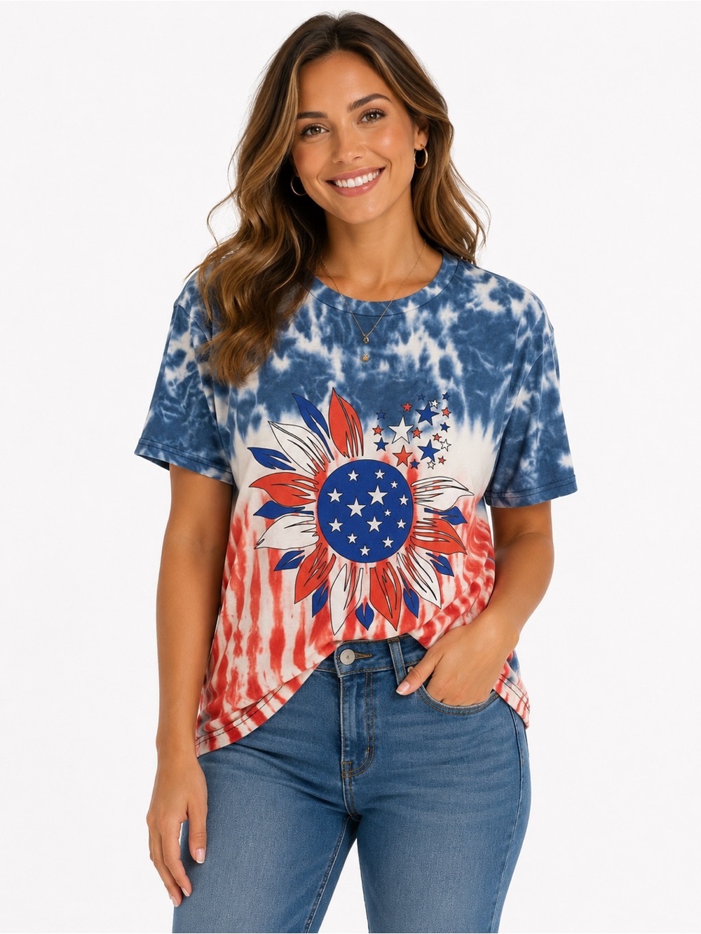 Patriotic Red & Blue Tie-Dye Sunflower Graphic Tee, 4th of July - 0613